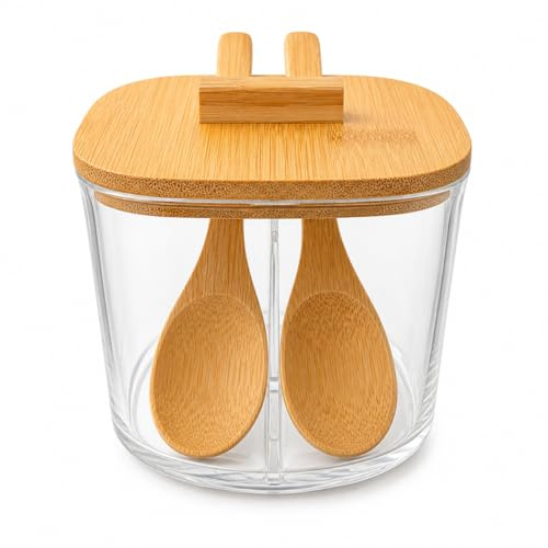 Azucarero Salero con 2 Compartimentos Tapa de Bambú y 2 Cucharas Recipiente para Azúcar Sal o Especias Organizador de Cocina Transparente Bote para Café y Condimentos