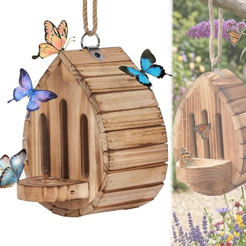 Butterfly House for Garden, Wooden Butterfly House and Feeder, Hanging Garden Decoration Natural Nesting Box for Butterflies, Bugs, Moths & Lacewings (1PC)