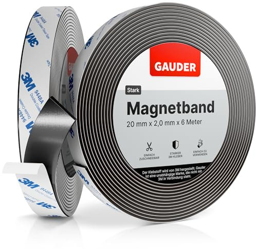 GAUDER Magnetic Tape with 3M Adhesive - Strong Self-Adhesive Magnet Strip - Cuttable Magnetic Tape Roll with Reliable Attraction & 3M Backing (6 m x 20 mm)