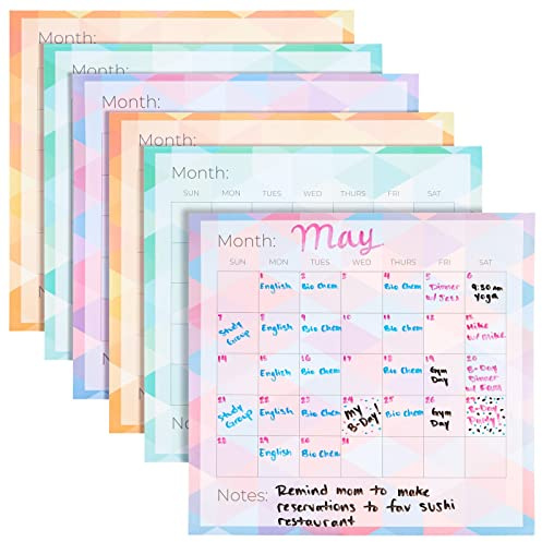 Paper Junkie 6-Pack Undated Monthly Adhesive Peel and Stick Calendar, Dry Erase Reusable Calendar for Wall, Home Office Schedule Reminders, Memo Notes, 3 Assorted Colors (13.75x12.8 in)