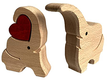 Imán La figura de madera, amor, elefante, animales y parejas, figura con corazón rojo, adorno de madera tallada a mano, regalo para el día de los elefantes, familia, decoración de madera