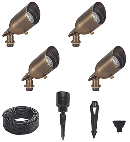 Lumen Logic 12V Brass Outdoor Spotlight 4-Pack Kit (Bronze) with 5W 2700K Warm White MR16 LED Bulbs for Low Voltage Landscape Lighting of Yard, Lawn, Garden, Patio, Trees & House