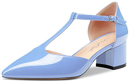 NobleOnly Women Chunky Block Low Kitten Heel Close Pointed Toe T-Strap Pumps Court Shoe Buckle Office Dress Shoes 5 CM Heels Light Blue 4 UK