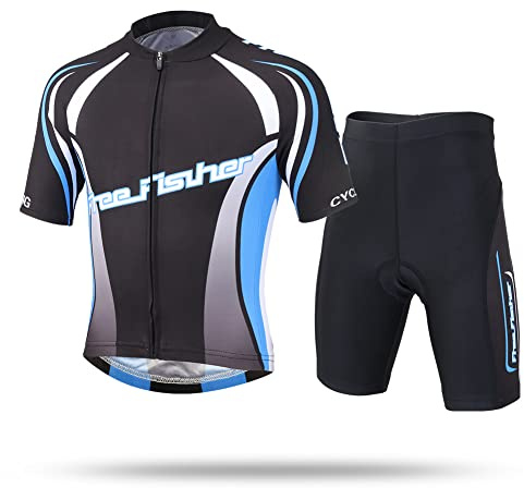 Amur Leopard Enfant Unisex Maillot de Cyclisme Manches Courtes & Cuissards VTT à Séchage Rapide Combinaison de Cyslisme Garçon Fille, Noir + Bleu A, M/6-7 Ans