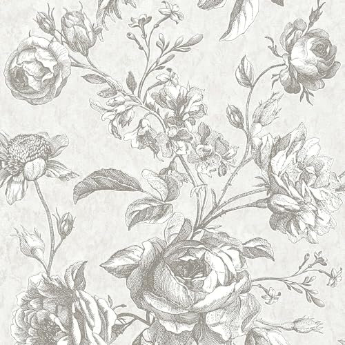 Blumen Tapete Profhome 387001-GU Vliestapete leicht strukturiert à la Toile de Jouy matt creme hell-grau taupe weiß 5,33 m2