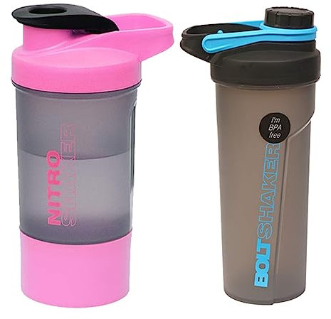 M1SS Set of 2 Protein Shaker Bottles – Blue Bolt & Pink Nitro – 600ml + 700ml | with Steel Wire Whisk Ball, Measuring Guide, Flip/Screw Cap & Detachable Jar – Leakproof Sports Gym Fitness Bottles