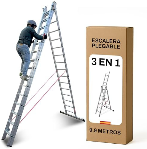 BTF Escalera de Aluminio Extensible 3 tramos transformable en Tijera, 4.0+4.0+4.0 Metros, 15 peldaños por Tramo | Ideal para Trabajos en casa, Chalet, finca Rural o Local Comercial. BTF-ETTB6740