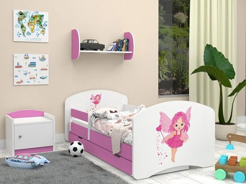 Happy Babies Kinderbett - Mit Matratze & Schublade und Rausfallschutz, 80x160, Mädchen Kinderbetten & Jugendbett Jungen Kids Bed, Jugendbett für Bodentief Ausziehbett Kleinkind, Lattenrost