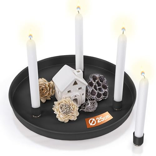 Bada Bing Metall Deko Tablett in schwarz - Dekoteller rund mit 4 Magnet Stabkerzenhaltern - Kerzenständer Ø ca. 25 cm für Stabkerzen - Moderne Schale Skandi Ostern Frühling Tisch Deko