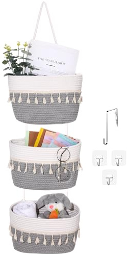 SiliFine Over The Door Hanging Basket Boho Woven Wall Hanging Baskets 3-Tier Cotton Wall Mounted Storage Organizer Bag Macrame Decorative for Kitchen Laundry Room Stairs(Gray, White)