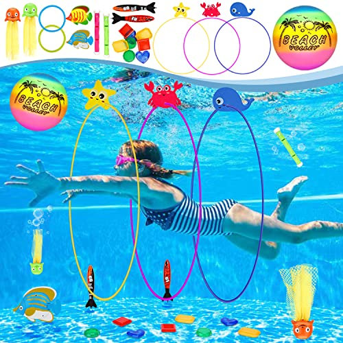 MutoToy® Tauchspielzeug Set, 27PCS Wasserspielzeug Kinder Outdoor Tauchringe für Kinder mit Spielball Tauchstöcke Edelsteine Pool Spielzeug Schwimmspielzeug für Tauchtraining Poolparty Schwimmbad