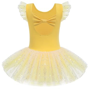 Arshiner Mädchen Kurze Ärmel Glitter Ballettanzug Ballettkleid Tanz Ballett Tutu Leotard Ballerina Outfit für Mädchen Kleinkind Gelb 140