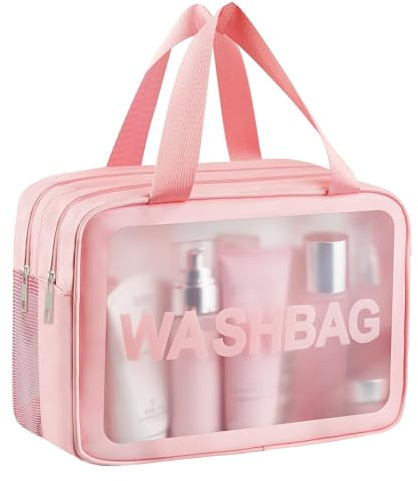 Clear Toiletry Bag, Wet Dry Separation PVC Makeup Cosmetic Bag, Large Capacity PVC Wash Bags with Handles for Women Girls Pink