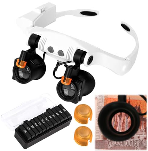 CEWROM Lupenbrille mit 2 LED Licht, Lupe zur Uhrenreparatur, Lupe zur Kopfmontage, Vergrößerung mit 12 Linsen (3X-10X), Freihändige Leselupe zum Lesen, Schmucklupe, Elektronische Reparatur