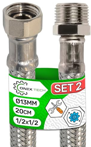 2 Pièces Flexible Eau 20 cm Femelle 1/2” x Male 1/2” DN8 DE13 - Tuyau Flexible Plomberie Fabriqué en Acier Inoxydable Température max 70°C Pression de Service 10 bar - Garantie de 5 Ans - ONIX TECH