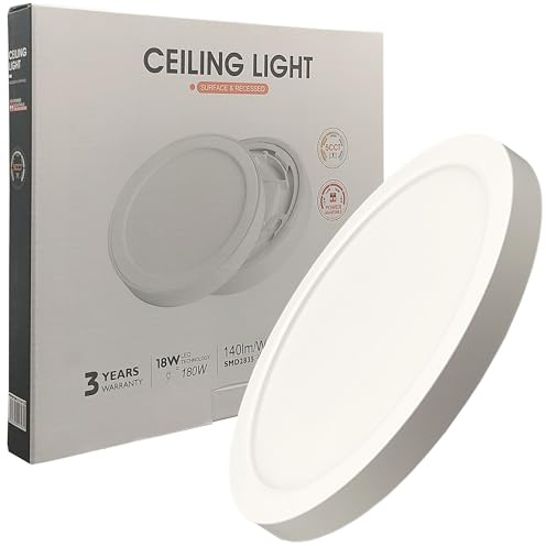FactorLED Plafón Led de Techo Circular Blanco Ø23cm, 18W, 2160Lm, Lámpara de Techo Downlight, Superficie o Empotrable, Potencia Regulable, Luz Blanca Seleccionable de 2700K a 6000K (230 mm)