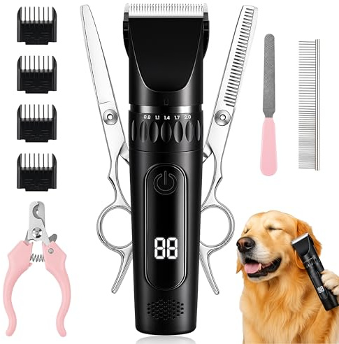 Retoo Cortapelos Pelo Perros y Gatos 9en1 Maquina Eléctrico Inalámbrico Recargable 4 Cabezales de Corte Multifuncionales 2 Tijeras Lima de Corte de Garras Peine Cortaúñas Tiempo de Trabajo 180 min