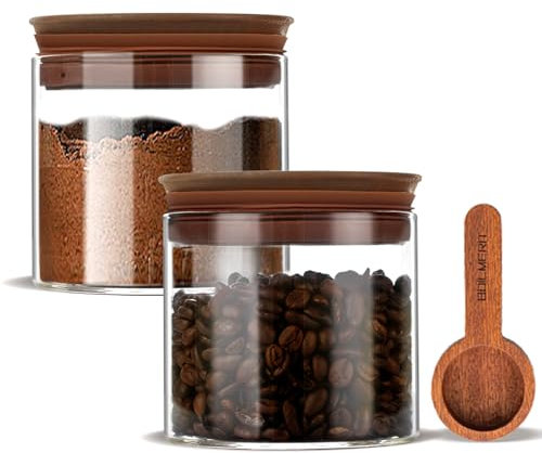 BOILMERIT 500ml Glass Coffee Canister with Wooden Lids and Scoop, Airtight Storge Container Set of 2 for Ground Coffee, Glass Jars for Cafe Beans Storage Bar Organizer