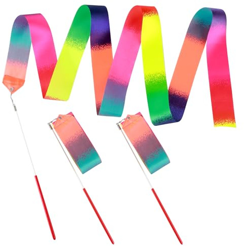 Tucnoeu 3Pcs Dance Ribbons,Rainbow Streamers Ribbon Dancer Wand for Kids Girls Adults Talent Shows Artistic Dancing Training(rainbow)
