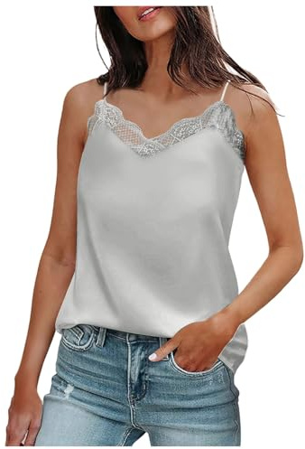 Generisch Camiseta de tirantes para mujer con cuello en V, sin mangas, de satén de seda, sin mangas, para mujer, gris, L