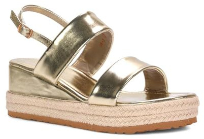 ESSEX GLAM Women's Low Heel Platform Wedge Sandals Ladies Gold Metallic Espadrille Open Toe Double Strap Slingback Shoes Size 4