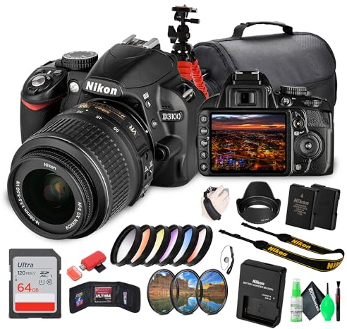 Nikon D3100 DSLR Camera Kit with 18-55mm VR Lens – Beginner-Friendly & Compact (25472) + Camera Bag + 64GB Memory Card + Flexible Tripod + Cleaning Kit + Hand Strap + Card Wallet + More