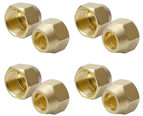 Sxutop 8 Pièces Écrou Évasé en Laiton Écrou Connecteur Adaptateur 1/2 Flare Femelle Flare Tube Raccord Filetage Laiton Évaser Capuchon pour Montage de Climatiseurs Split, Adaptateur pour Hvac