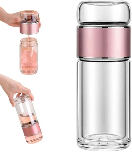 Teeflasche mit Sieb Glas Klein Teekanne 3-In-1 Trinkflasche Teezubereiter Für Losen Tee, Doppelwandiges Borosilikatglas Teezubereiter mit Sieb, Tragbar Teapots Für Losen Tee (Rosa, 420ml)