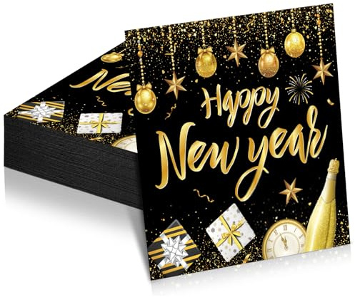 Nymora 20 Serviettes Sylvester 2026, Serviettes de Noël Noir Or, Déco Sylvester 2026 pour Soirée de Nouvel An - déco de table or noir serviettes noël
