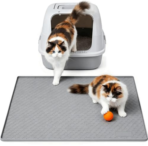 Große Katzenklo Matte 86.4x55.9cm, Katzenstreu Matte aus Lebensmittelechtem Silikon, Wasserdichte Urinbeständige Katzenmatte, Rutschfeste Unterlage Katzenklo mit Erhöhtem Rand, Leicht zu Reinigen