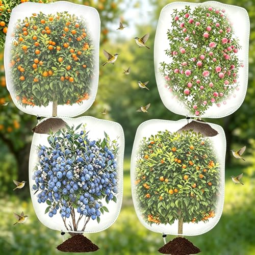 Vepazony 4 sacchetti di protezione per alberi da frutto, 1 x 1,5 m, 1 x 0,8 m, rete per piante di ciliegie con coulisse, copertura morbida per pomodori, rete per piante a maglia fine, kit di copertura