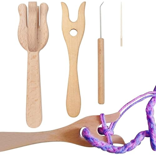 Stickgaffel i trä - 4- stickgaffelset | Lucet Gabel virkningssats | Bärbar flätningsmaskin med trägaffel för matttillverkning | Inkluderar istr