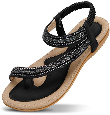 ZOEREA Sandales Plates Femme Mode Été Bohème Strass Fleurs Cuir PU Tongs Peep Toe Confortables Femmes Chaussures pour Plage Vacances Style 3 Noir,37 EU