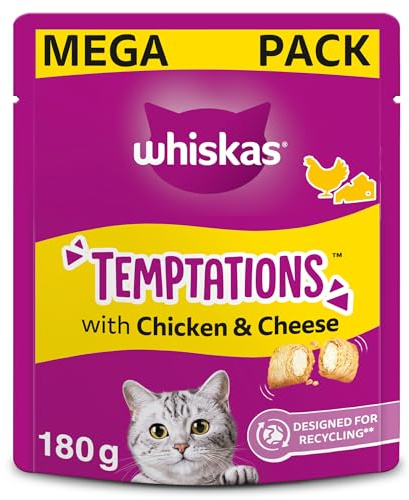 WHISKAS Temptations - Tasty, Crunchy Treats for Adult Cats, Small Bite Size Snacks with a Delicious Chicken and Cheese Filling, 4 x 180 g Packets - Pack May Vary