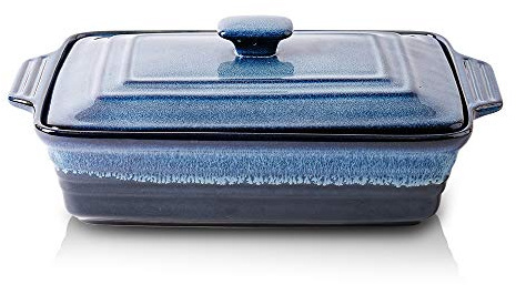 KOOV Ceramic Casserole Dish With Lid, Covered Rectangular Set, Lasagna Pan for Cooking, Baking Dish for Dinner, Kitchen, 9 x 13 Inches, Reactive Glaze (Nebula Blue)