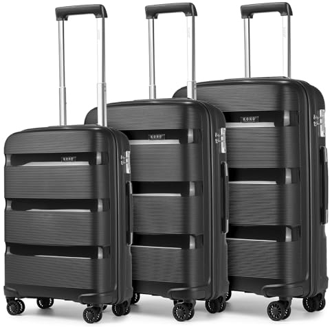 Kono Juego de Maletas Rígida 3 Piezas Maletas de Viaje con Cerradura TSA, Ligera Equipaje de Mano con 4 Ruedas y Cremallera YKK, Durable Polipropileno (Cabina+Mediana+Grande, Negro)
