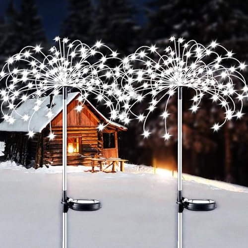 XVZ 2 x 150 LED Solar Lights for Outdoor Garden Fireworks Waterproof for Bushes, Lawn, Fences, Patios, Christmas, Cool White