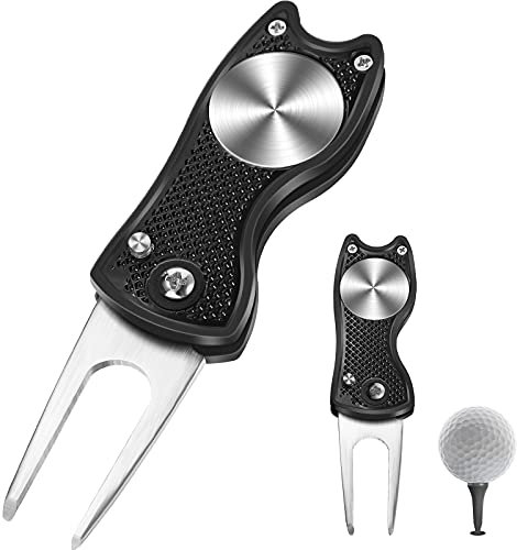 Threan Golf Divot Werkzeug Edelstahl Golf Divot Reparatur Werkzeug Faltbare Golf Pitchgabel Metall Golf Divot Werkzeug mit Knopf und Golfball Marker für Golf, Schwarz