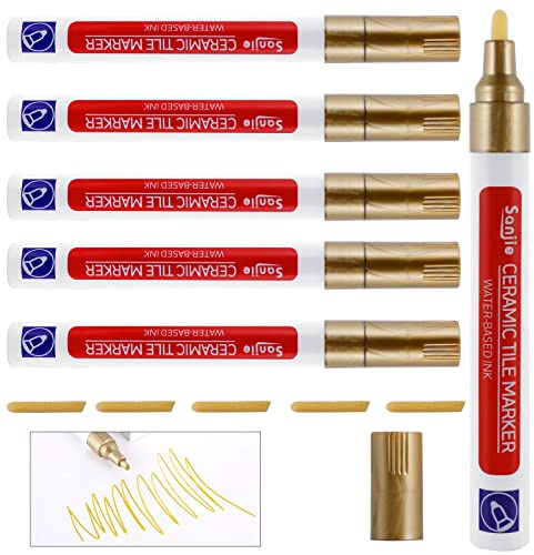 Grout Pens, 6 Pieces Tile Grout Reviver Pens, Grout Restorer Marker Repair Pens, Waterproof Anti-Mould Tile Paint Markers, With An Additional Replacement Tip, Grouting Pen For Bathroom Kitchens (Gold)