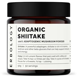 Erbology Organic Shiitake Mushroom Powder 50 Servings - 11% Beta-glucans - Immunity and Energy - Lentinula edodes - Small Batch - Sustainably Grown in Europe - Vegan - Non-GMO - No Added Fillers