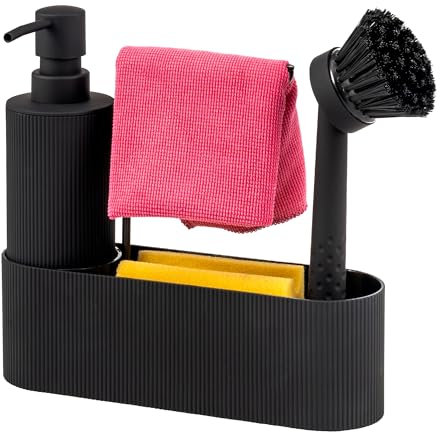 Organizador de Fregadero Eluno con Superficie Suave al Tacto en diseño Estriado para Cocina y baño, Incl. dosificador de jabón, Cepillo lavavajillas, con Cabezal de Cepillo de Repuesto, Negro