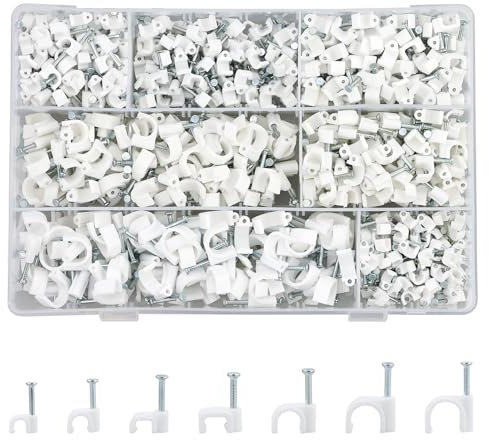 700 Pièces Clips de Cable Assortiment, Attache Cable Rond avec Clou, Cavalier Cable Electrique Blanc pour Fixation de Câble de Bureau Domicile, 4 mm/5 mm/6 mm/8 mm/10 mm