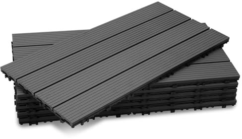 Fiqops Lot de 18 dalles de terrasse WPC - 30 x 60 cm - Dalles de sol avec système à clic - Carreaux de terrasse, de balcon, de terrasse - Imperméables - Pour terrasse - Pour 3 m² - Anthracite
