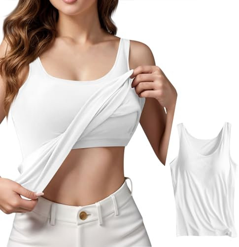 KONG JIMFAN Damen Unterhemd BH-Hemd Basic U-Ausschnitt Eingebauter BH Bügelloser Gepolstert Verstellbare Tank Tops mit Integriertem BH Ohne Bügel Einfarbig Bequeme Hemd Fitting Yoga BH(#B Weiß,L)