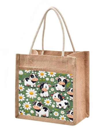 Mnsruu Burlap Jute Tote Bag Cow Seamless Pattern Reusable Grocery Shopping Bag Beach Tote Bag for Women Girls Bridesmaid Wedding School 43x32x18cm