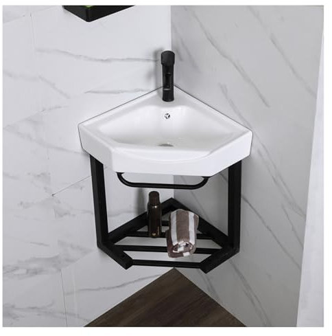 Lavandini Ad Angolo per Bagno, Lavabo Ad Angolo su Piedistallo, con Armadietto, con Supporto E Raccordo di Scarico, per Piccoli Spazi (Black 38x49cm)