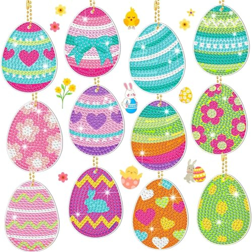 Scinzene Diamond Painting Ostern Doppelseitig - 12 Stück DIY Osterei Schlüsselanhänger Set, 5D Frühlingsbasteln mit Diamantsteinchen, Kreativgeschenk für Kinder