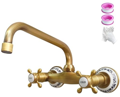 KOPYFANTAP Grifo de Cocina Pared Latón Antiguo, Vintage Mezclador de Fregadero de Bronce de Doble Maneta, Giratorio 360° Retro Griferia de Lavabo Baño de Pared, Caño 25cm