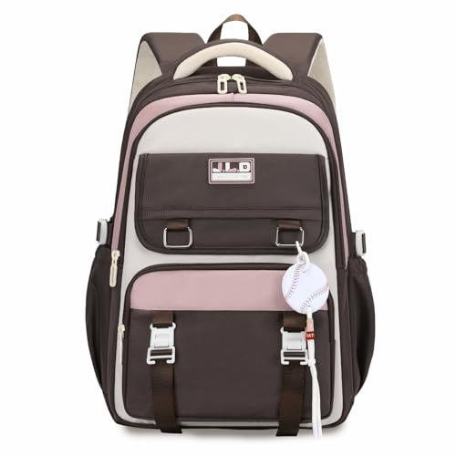 Tanou Skolryggsäck tonåring flickor, fashionabel casual skolväska med stor kapacitet, nylonryggsäck skolväska för mellan- och gymnasieelever, 5–12. Klass, Khaki med rosa, modern