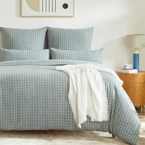 SOULFUL Housse de Couette 220x240 Coton Carreaux avec 2 Taies d'oreiller 65x65 cm, 100% Coton Lavé, Certifié Öeko-Tex, Gris-Bleu Parure de Lit 2 Personnes 220x240 Coton avec Fermeture Éclair